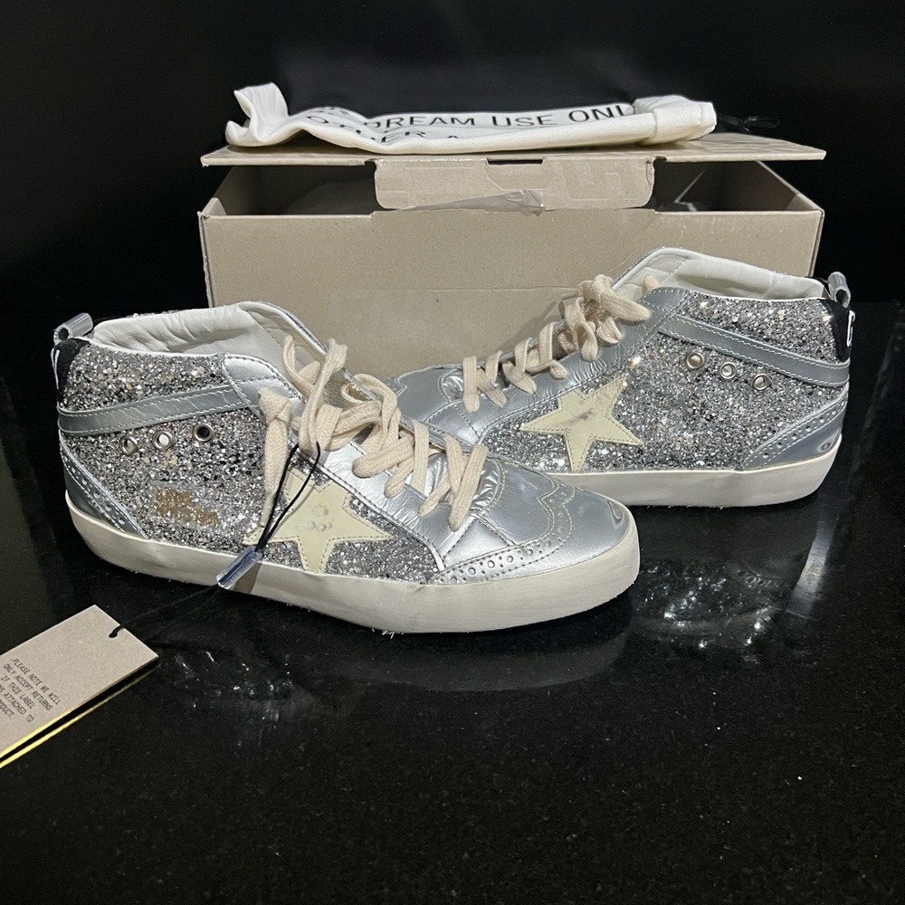 Golden Goose silver glitter Mid Star Classic 39
